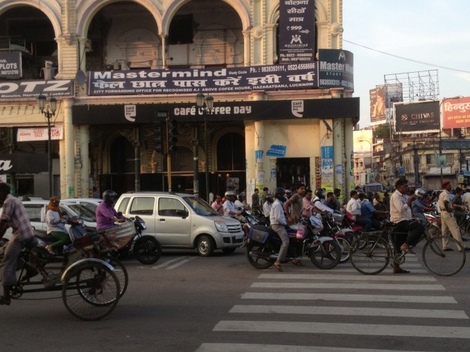 Outside the Cafe Coffee Day where we met in Lucknow, India.