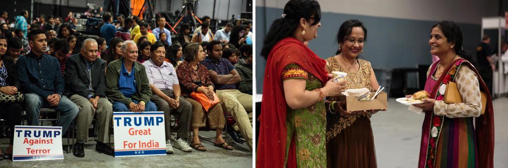 Left: Attendees gather for a celebration organized by the Republican Hindu Coalition with Donald Trump as the guest speaker in Edison, New Jersey. Right: Attendees enjoy Indian snacks. Photo by: Sara Hylton